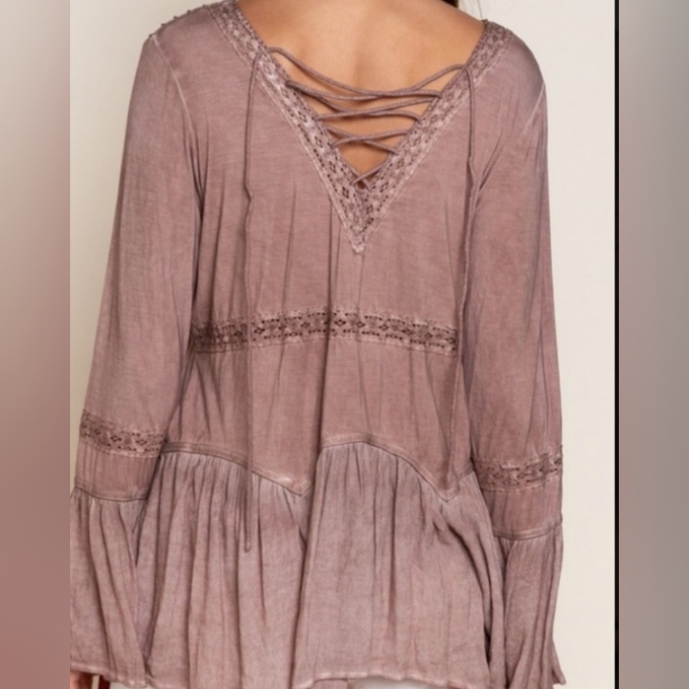 Rose Pink Light Washed Bell Long Sleeeve Boho Oversized Top Back Tie Back Small - Picture 2 of 9